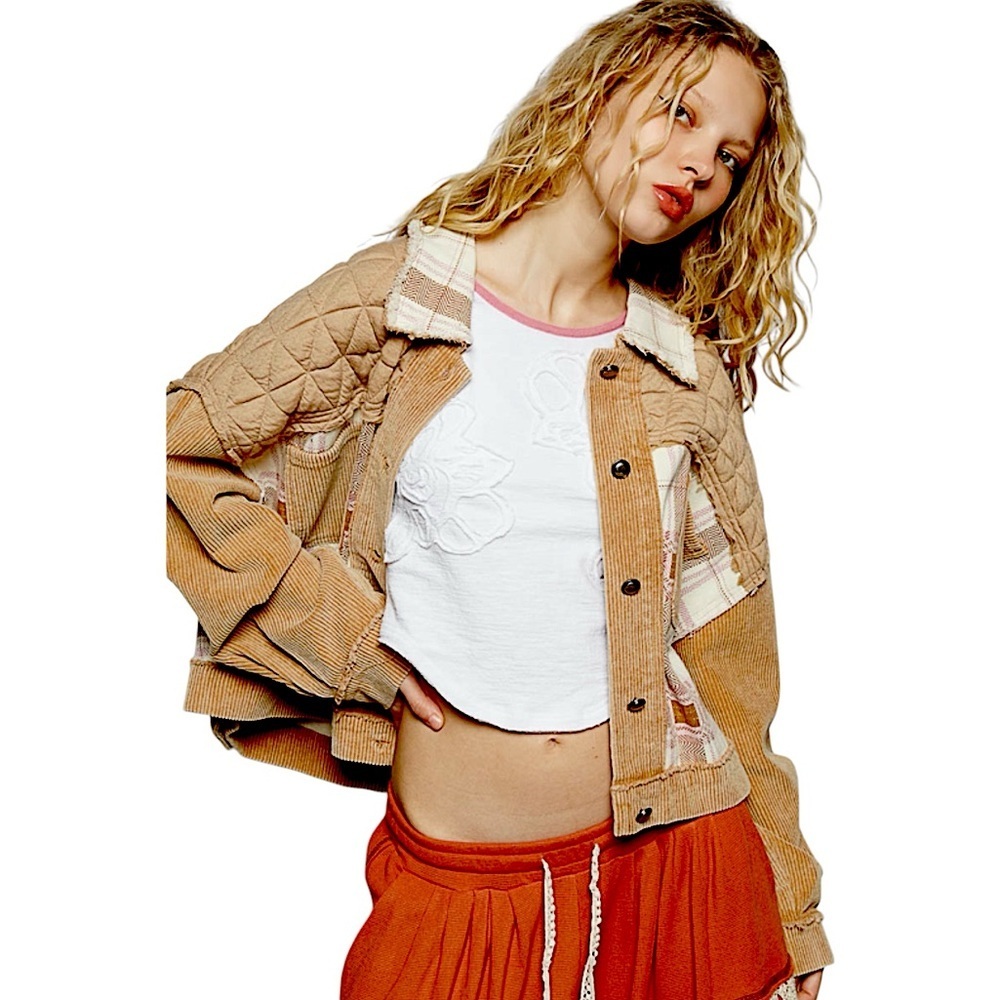 POL Corduroy Jacquard Patchwork Button Up Jacket Tan Multicolor Size S,M,L New - Picture 5 of 16
